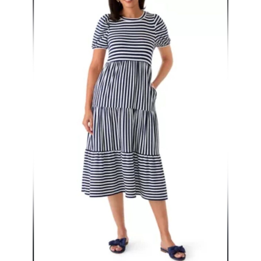 Crown & Ivy Navy White Stripe Knit Tier Short Slv Midi Dress Womens Sz S Pockets